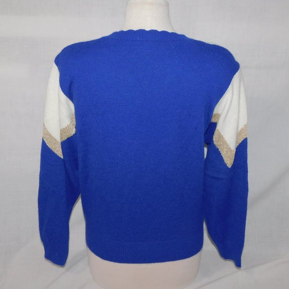 VTG 80s TanJay Womens M Blue White Gold Scalloped Neck Sweater Goldberg style - Picture 7 of 9